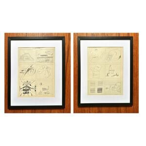 Framed Pair of Steinberg Cartoons Original 1982 Seasons New Yorker Clippings